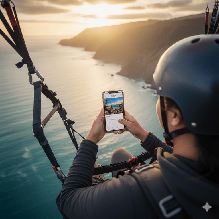Person erstellt beim Gleitschirmfliegen eine persönliche Postkarte auf einem Smartphone