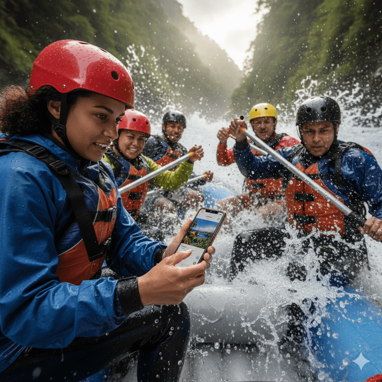Person erstellt online eine Postkarte auf dem Smartphone während einem Rafting.