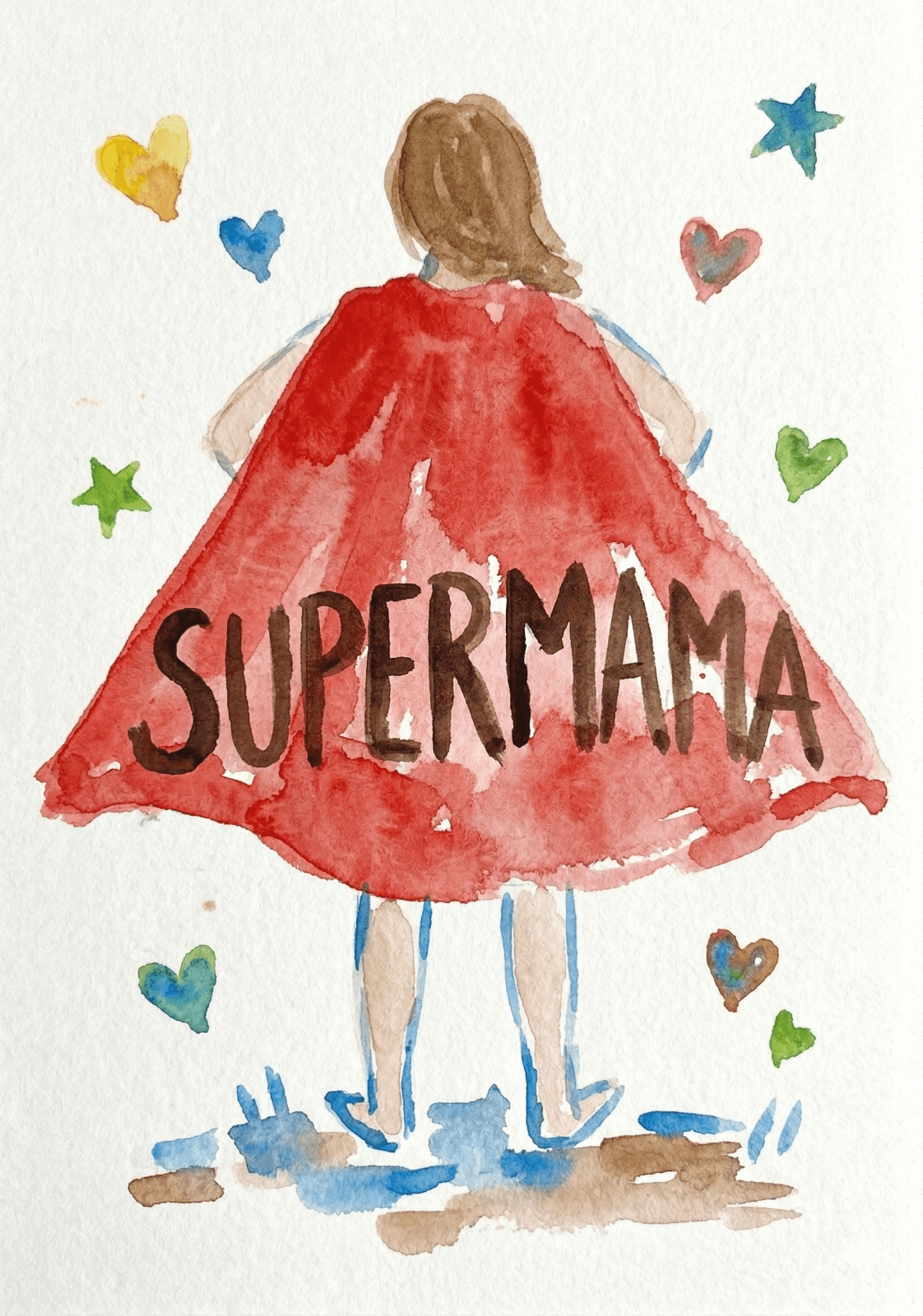 Supermama Postkarten Motiv in Aquarell Optik zum kostenlosen Download