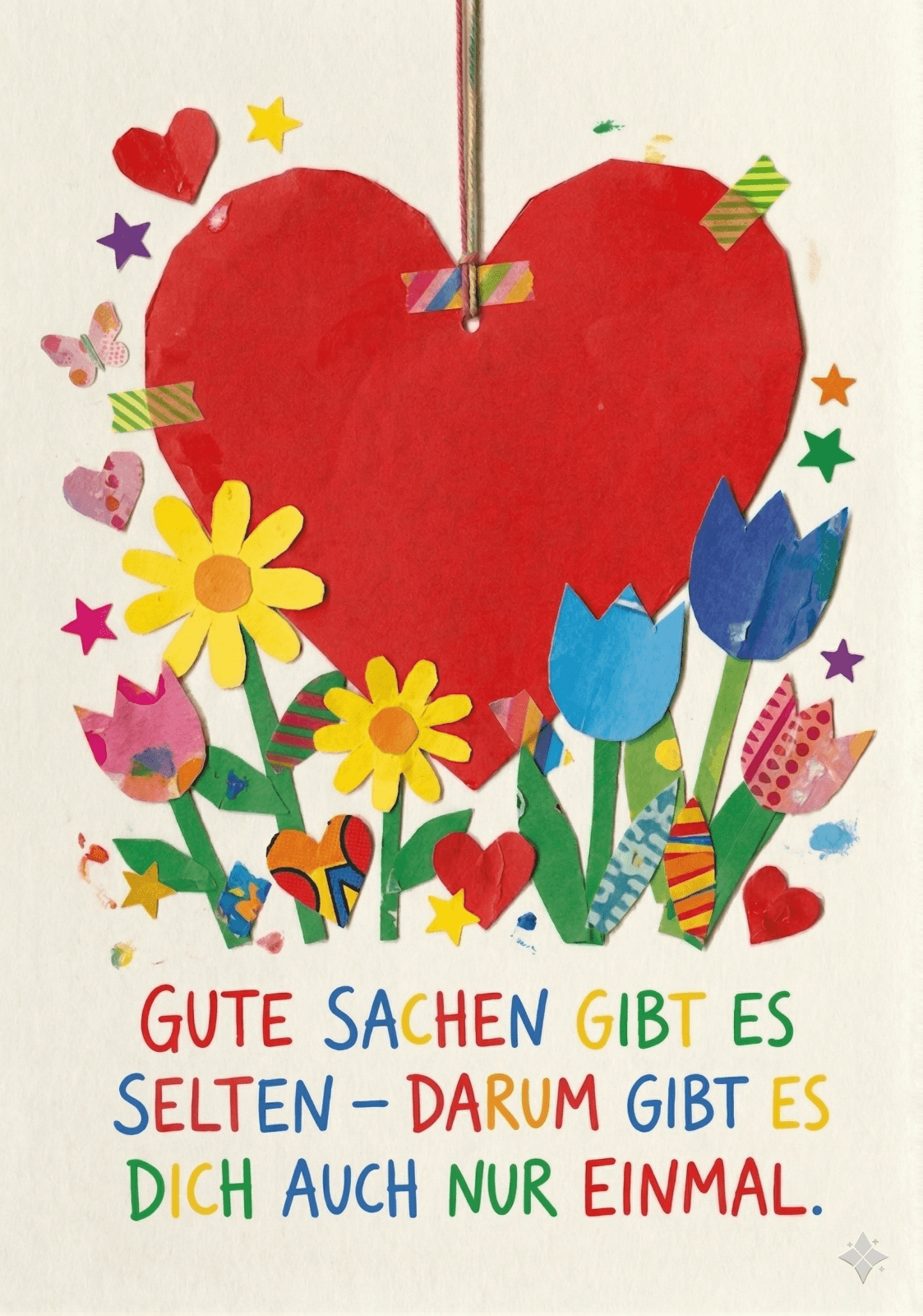 Gute Sachen gibt es selten - darum gibt es dich auch nur einmal. Mit Collage aus Blumen und Herzen für Muttertag